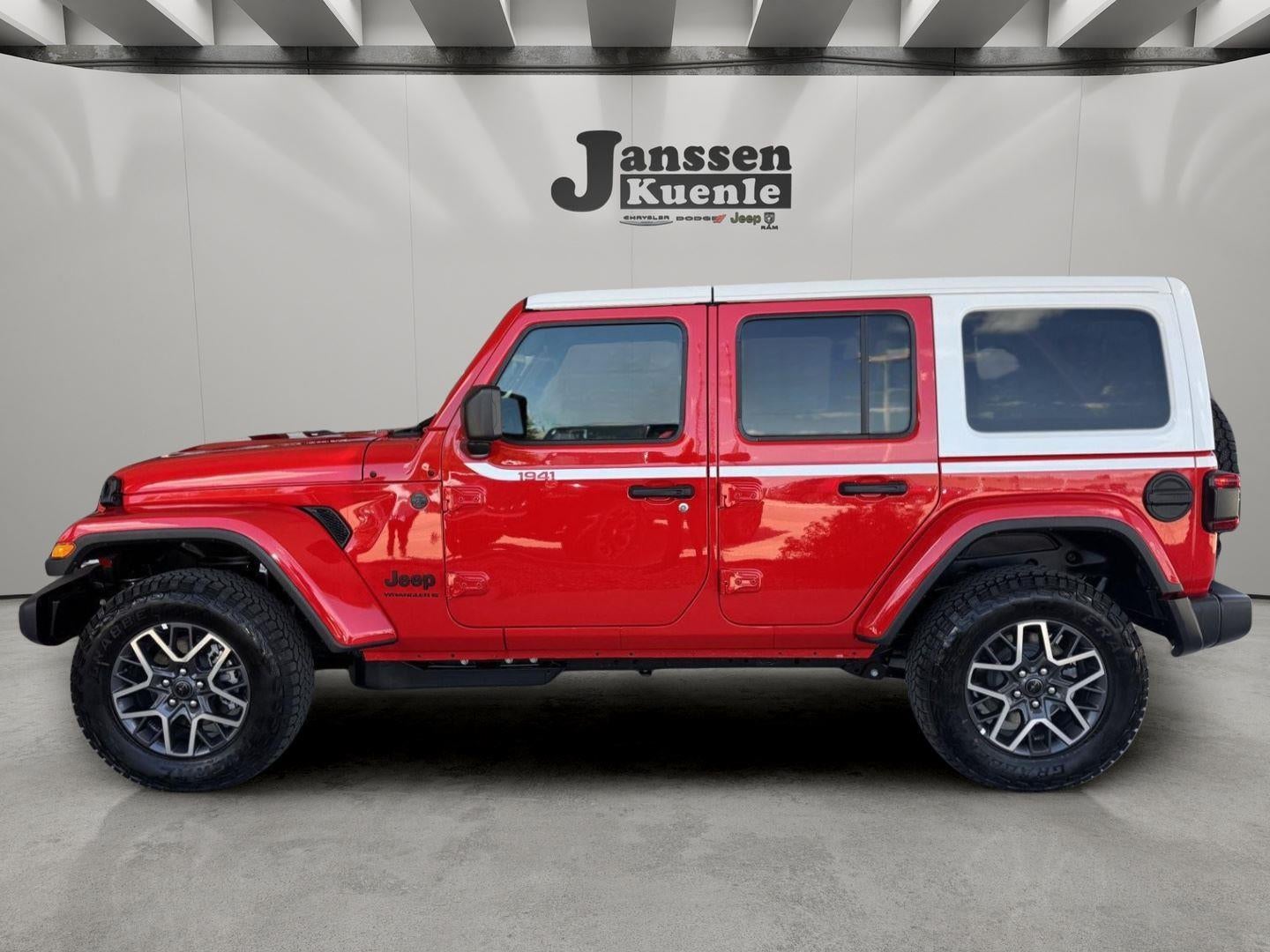 2026 Jeep Wrangler WRANGLER 4-DOOR SAHARA in Firecracker Red Clear-Coat Exterior Paint — front three-quarter view